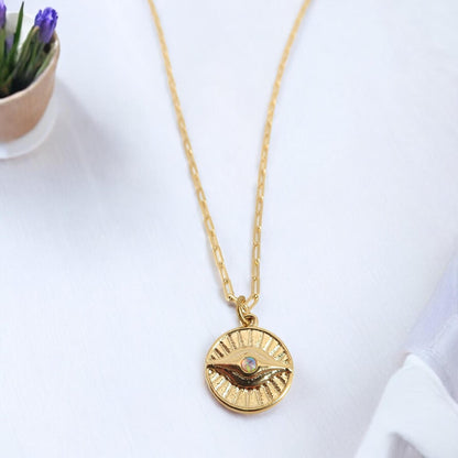 Gold Evil Eye Necklace – Sunburst Opal Charm, Dainty Medallion Necklace, October Birthstone, Celestial Protection Jewelry, Gold Fill Chain