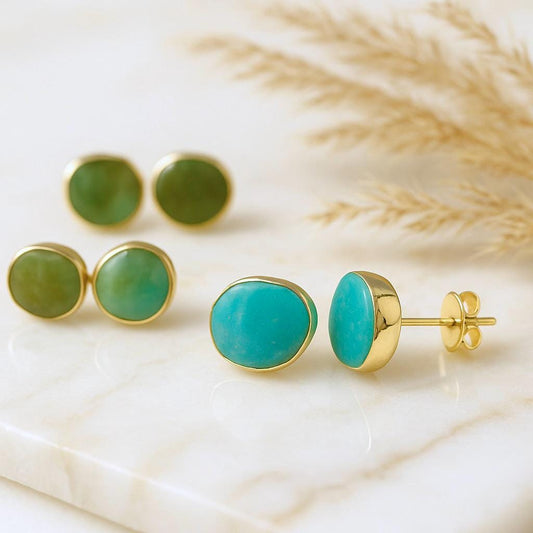 Genuine Green Turquoise Stud Earrings, Gold Turquoise Post Earrings, Turquoise Jewelry, December Birthstone Gift for Her, Gemstone Earrings