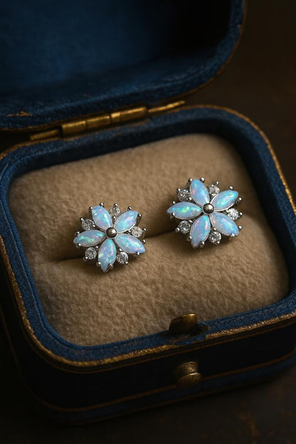 Opal Flower Stud Earrings Gold, October Birthstone Earrings, White Opal Post Earrings
