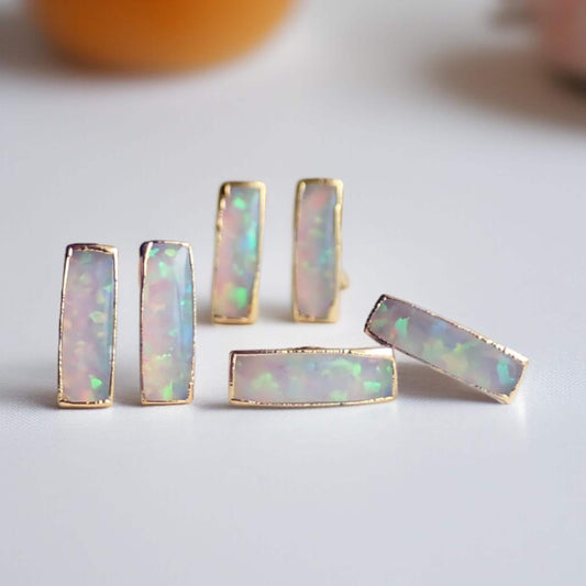 Dainty Opal Bar Stud Earrings | 14k Gold Opal Earrings | October Birthstone Jewelry | Gift for Her, Opal Post Earrings, Opal Stud Earrings