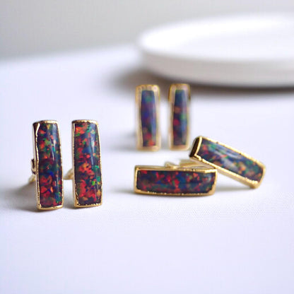 Black Opal Stud Earrings | 14k Gold Opal Bar Earrings | October Birthstone Jewelry, Gift for Her, Opal Post Earrings, Dainty Opal Studs