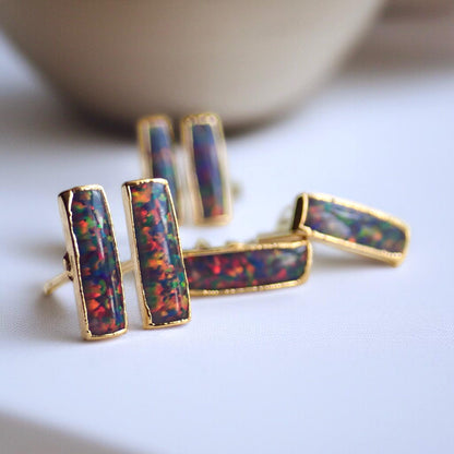 Black Opal Stud Earrings | 14k Gold Opal Bar Earrings | October Birthstone Jewelry, Gift for Her, Opal Post Earrings, Dainty Opal Studs