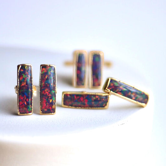 Black Opal Stud Earrings | 14k Gold Opal Bar Earrings | October Birthstone Jewelry, Gift for Her, Opal Post Earrings, Dainty Opal Studs