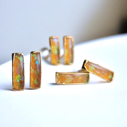 Dainty Fire Opal Bar Stud Earrings | 14k Gold Opal Earrings | October Birthstone Jewelry | Gift for Her, Opal Post Earrings, Opal Studs Gold