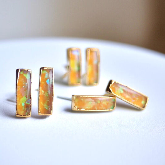 Dainty Fire Opal Bar Stud Earrings | 14k Gold Opal Earrings | October Birthstone Jewelry | Gift for Her, Opal Post Earrings, Opal Studs Gold