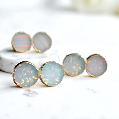 Round White Opal Stud Earrings | 14k Gold Opal Earrings | October Birthstone Jewelry | Gift for Her, Opal Post Earrings, Round Gemstone Earrings