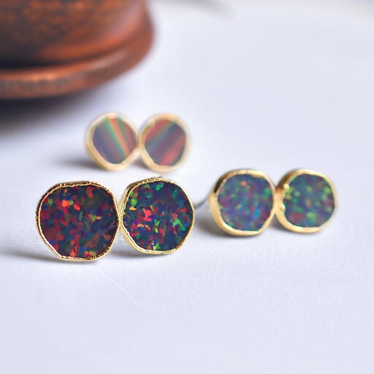 Black Opal Stud Earrings | 14k Gold Opal Earrings, October Birthstone Jewelry, Round Gemstone Earrings