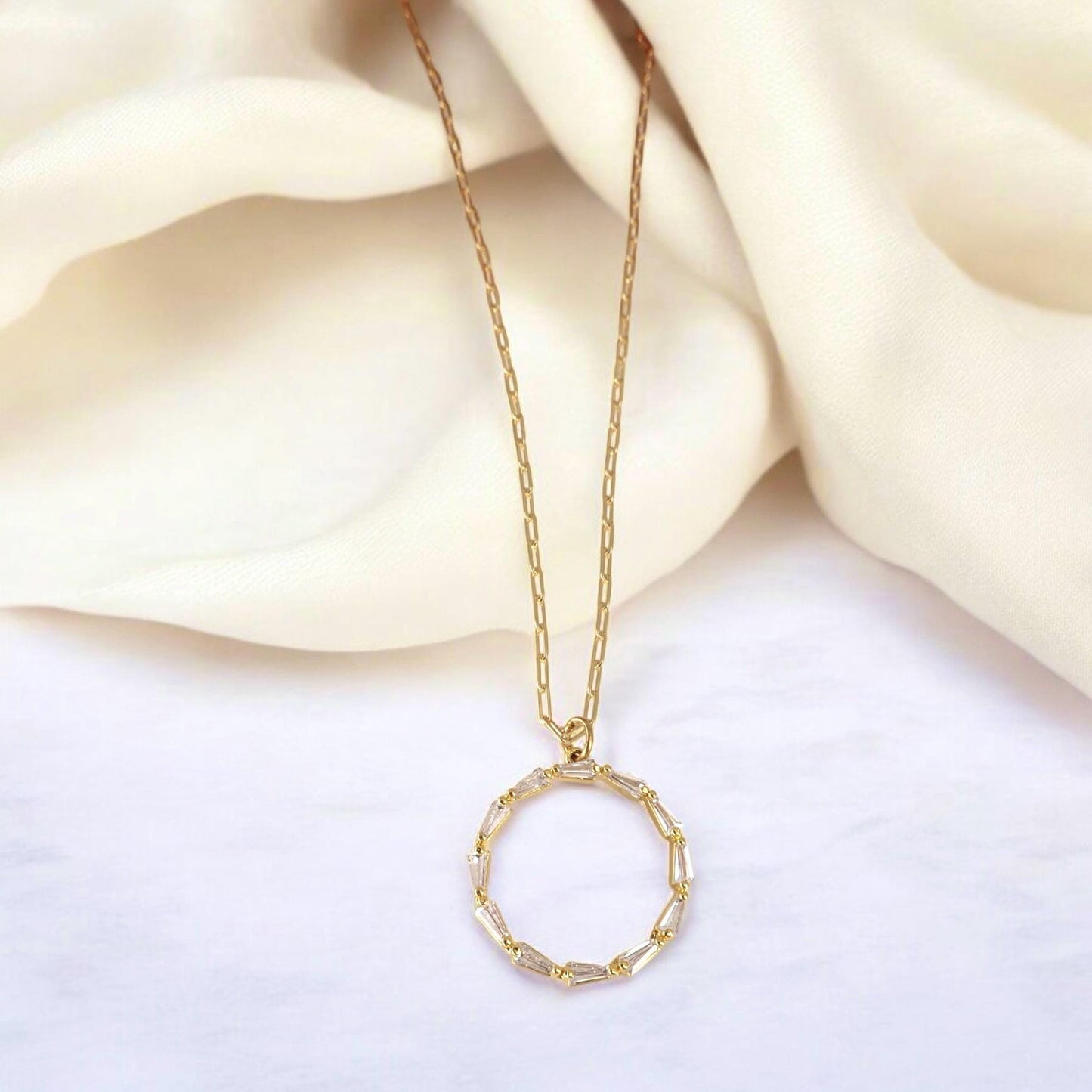 Gold Fill Eternity Necklace with  Baguette Crystals,  Halo Circle Pendant, Dainty Minimalist Jewelry, Gift for Her Everyday Elegant Gift