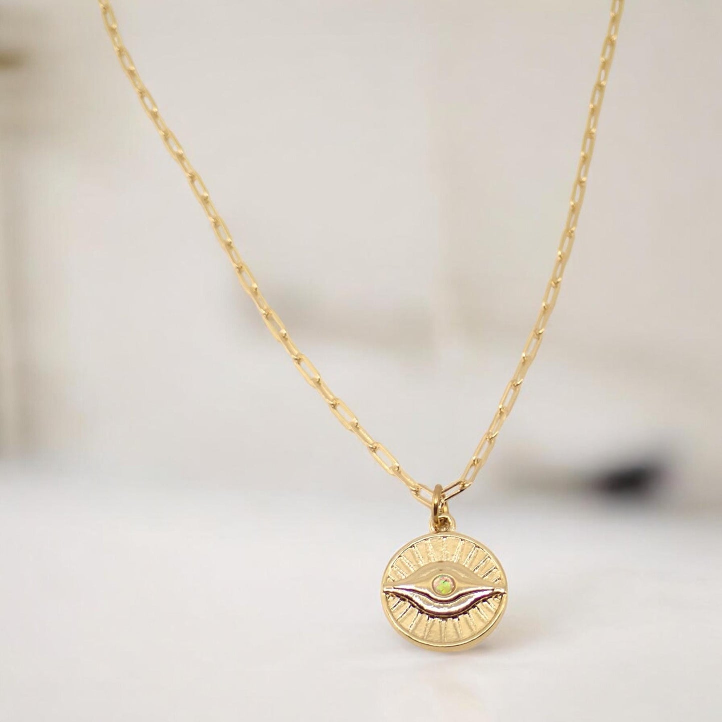 Gold Evil Eye Necklace – Sunburst Opal Charm, Dainty Medallion Necklace, October Birthstone, Celestial Protection Jewelry, Gold Fill Chain