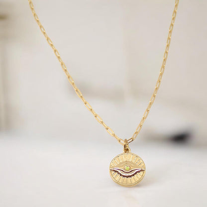 Gold Evil Eye Necklace – Sunburst Opal Charm, Dainty Medallion Necklace, October Birthstone, Celestial Protection Jewelry, Gold Fill Chain