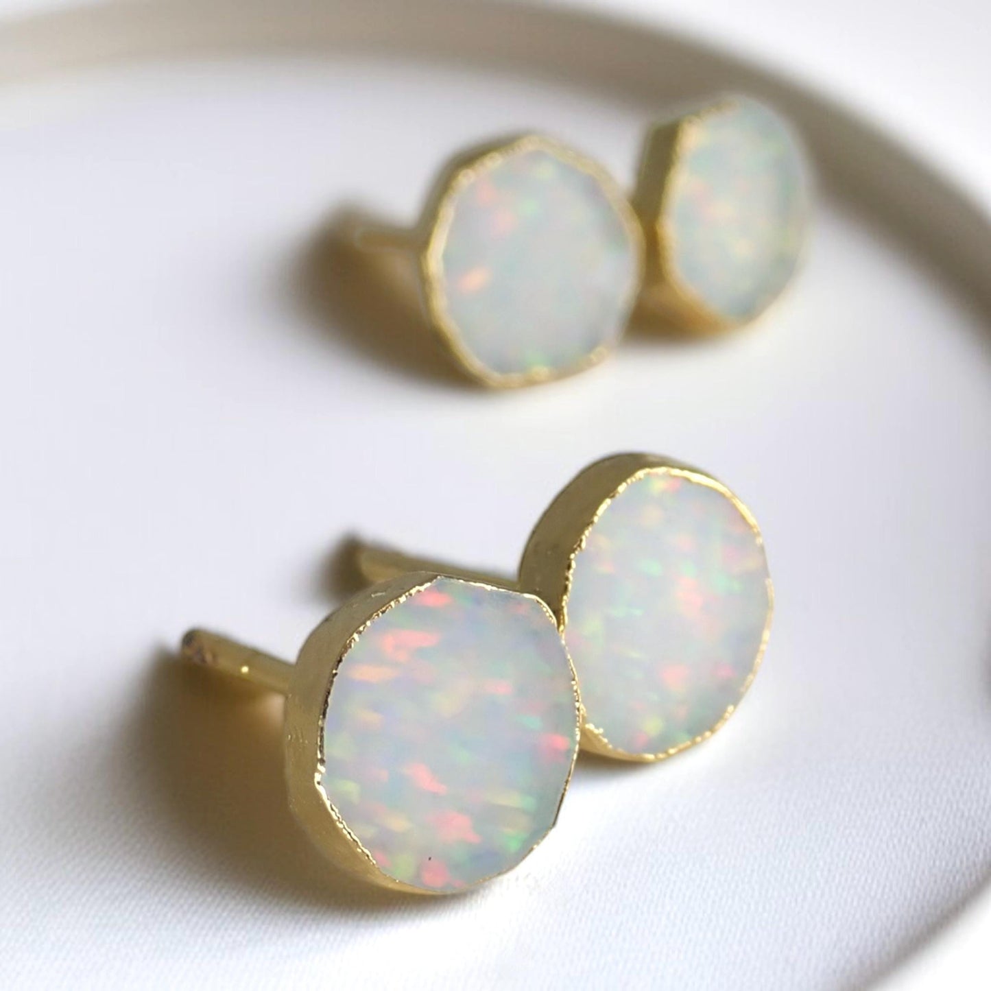 Round White Opal Stud Earrings | 14k Gold Opal Earrings | October Birthstone Jewelry | Gift for Her, Opal Post Earrings, Round Gemstone Earrings