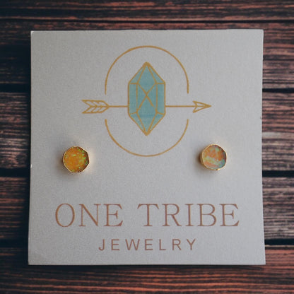Orange Fire Opal Stud Earrings | 14k Gold Opal Earrings | October Birthstone Jewelry | Gift for Her, Opal Post Earrings, Round Gemstone Earrings