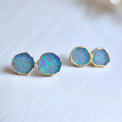 Blue Opal Stud Earrings | October Birthstone Jewelry | 14k Gold Opal Earrings | Opal Post Earrings, Round Gemstone Earrings, Gift for Her