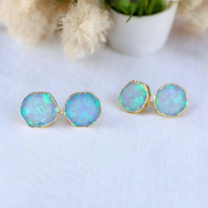 Blue Opal Stud Earrings | October Birthstone Jewelry | 14k Gold Opal Earrings | Opal Post Earrings, Round Gemstone Earrings, Gift for Her