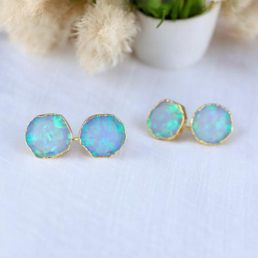 Blue Opal Stud Earrings | October Birthstone Jewelry | 14k Gold Opal Earrings | Opal Post Earrings, Round Gemstone Earrings, Gift for Her