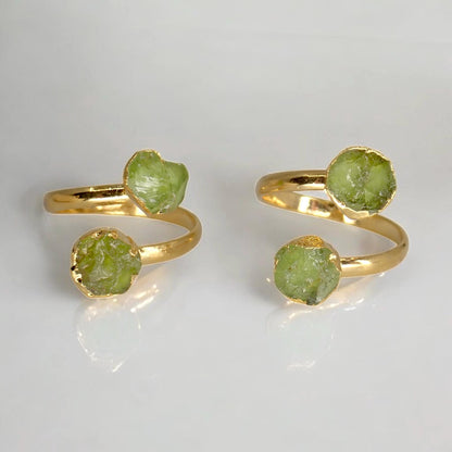 Raw Peridot Adjustable Ring – 14k Gold Open Wrap Ring with Two Natural Green Gemstones – August Birthstone Jewelry,Peridot Ring,Gift for Her