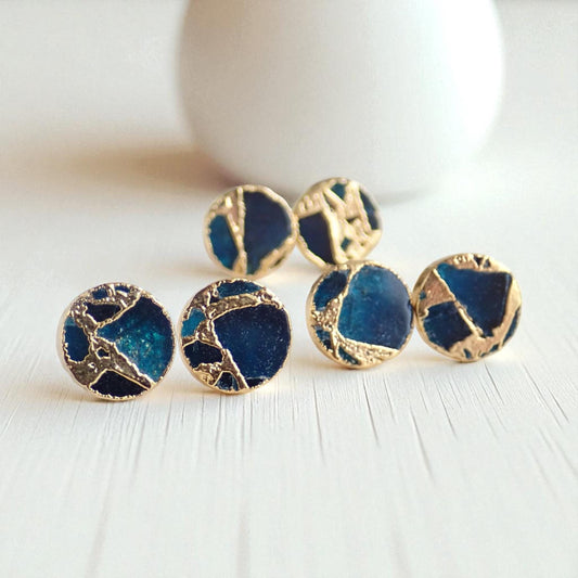 Deep Ocean Blue Mojave Turquoise Stud Earrings | Kintsugi Style Gemstone Earrings- Minimalist Boho Post Earrings -  Round Gemstone Studs