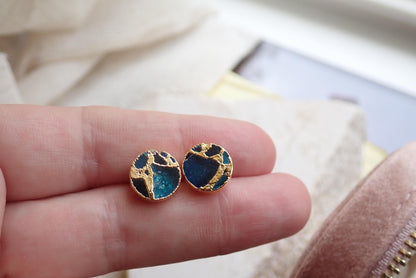 Deep Ocean Blue Mojave Turquoise Stud Earrings | Kintsugi Style Gemstone Earrings- Minimalist Boho Post Earrings -  Round Gemstone Studs
