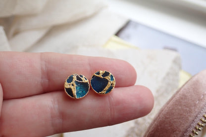 Deep Ocean Blue Mojave Turquoise Stud Earrings Silver  | Kintsugi Style Round Gemstone Studs
