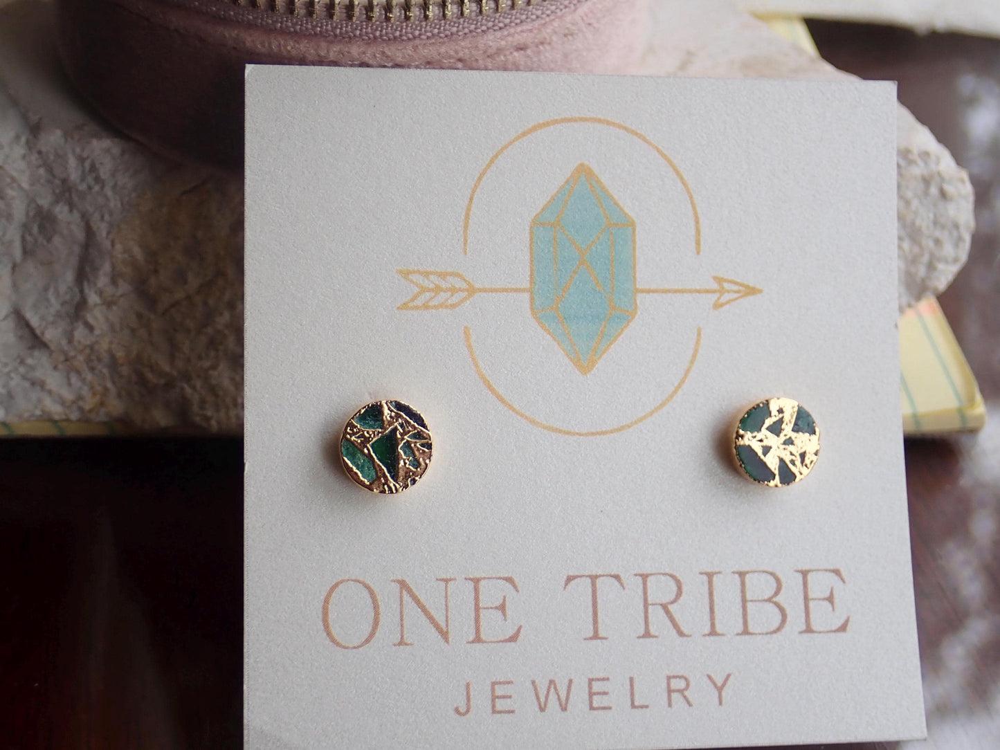 Emerald Green Mojave Turquoise Stud Earrings | Jade Kintsugi Style Gemstone Earrings,Minimalist Boho Post Earrings,Round Gemstone Studs
