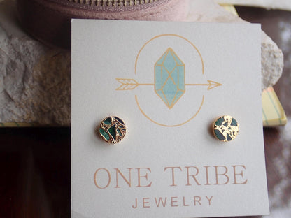 Emerald Green Mojave Turquoise Stud Earrings | Jade Kintsugi Style Gemstone Earrings,Minimalist Boho Post Earrings,Round Gemstone Studs