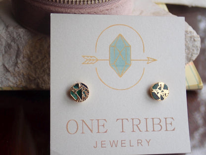Emerald Green Mojave Gemstone Stud Earrings Silver | Dyed Jade Kintsugi Style Earrings, Round Minimalist Boho Post Earrings