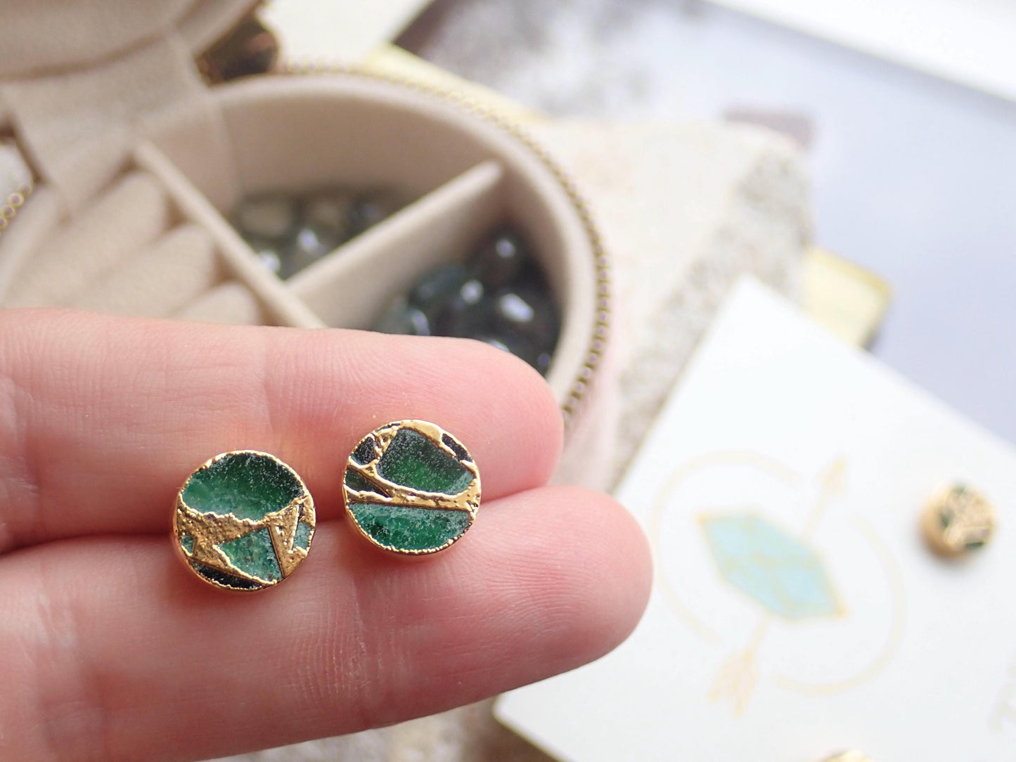Emerald Green Mojave Turquoise Stud Earrings | Jade Kintsugi Style Gemstone Earrings,Minimalist Boho Post Earrings,Round Gemstone Studs