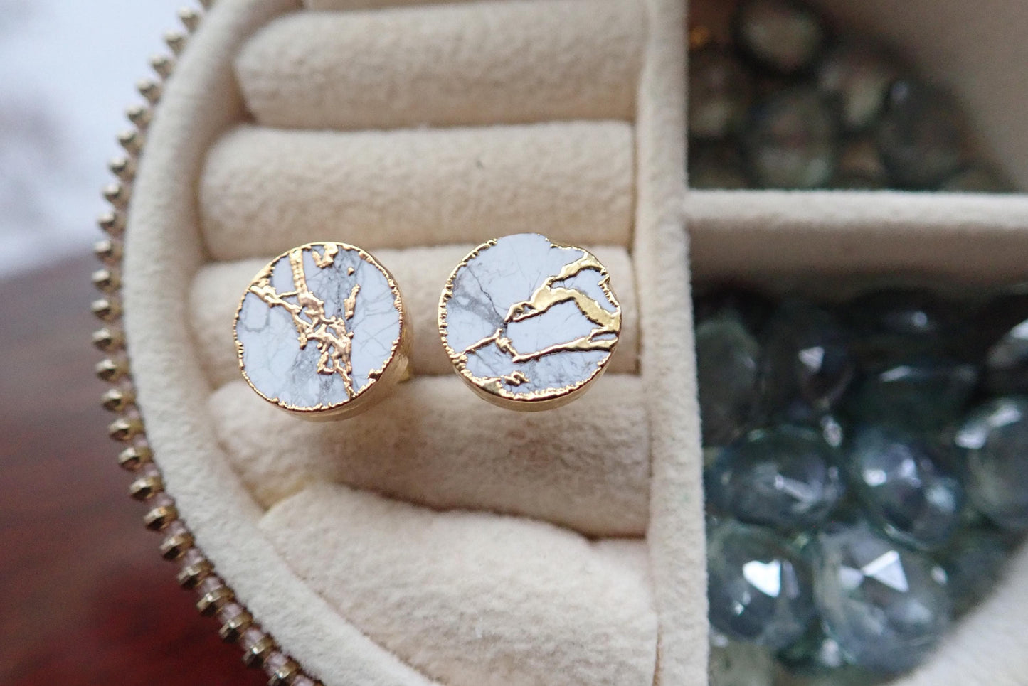 White Mojave Stud Earrings, Faux Marble Round Studs Gold Vein Detail, Modern Minimalist Jewelry, Howlite Kintsugi Earrings, Gift for Her