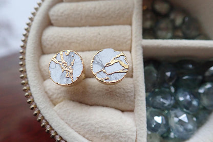 White Mojave Stud Earrings, Faux Marble Round Studs Gold Vein Detail, Modern Minimalist Jewelry, Howlite Kintsugi Earrings, Gift for Her