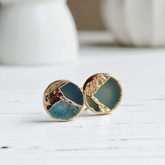 Seafoam Teal Round Stud Earrings Gold Veins – Kintsugi Inspired Jewelry, Minimalist Gemstone Earrings,Round Stone Post Earrings,Gift for Her