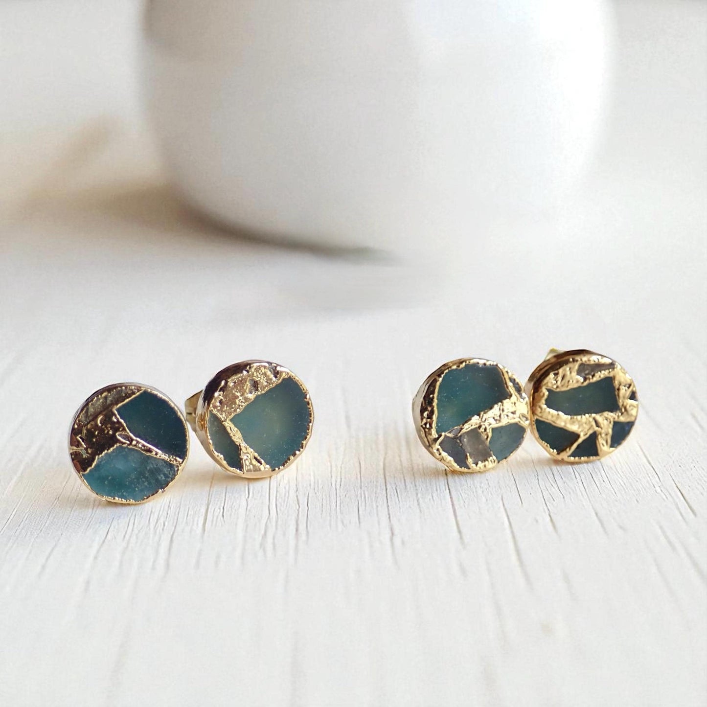 Seafoam Teal Round Stud Earrings Gold Veins – Kintsugi Inspired Jewelry, Minimalist Gemstone Earrings,Round Stone Post Earrings,Gift for Her