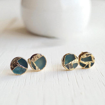 Seafoam Teal Round Stud Earrings Gold Veins – Kintsugi Inspired Jewelry, Minimalist Gemstone Earrings,Round Stone Post Earrings,Gift for Her