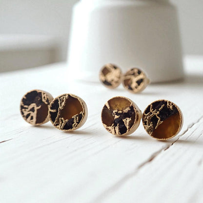 Gold Citrine & Black Jade Stud Earrings – Mojave Gemstone Post Earrings – Kintsugi Style Round Earrings – Unique Minimalist Jewelry for Her