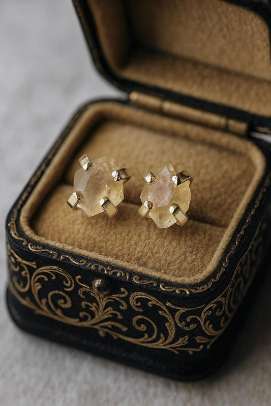 Raw Citrine Studs Earrings, Natural Gemstone Print Set Post Earring, November Birthstone Gift
