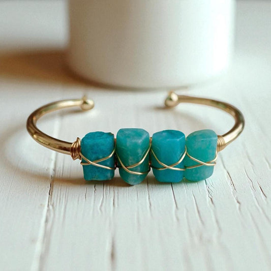 Raw Amazonite Cuff Bracelet – Gold- Wire Wrapped Gemstone Bangle, Adjustable Turquoise Blue Stacking Bracelet