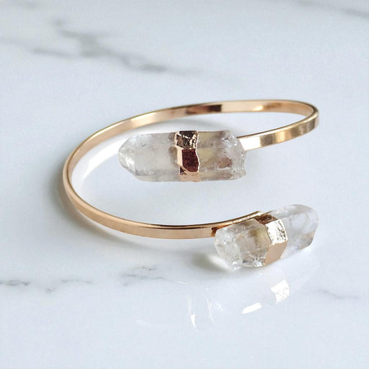 Raw Quartz Point Cuff Bracelet | Double Crystal Bracelet, Minimalist Adjustable Gemstone Open Cuff