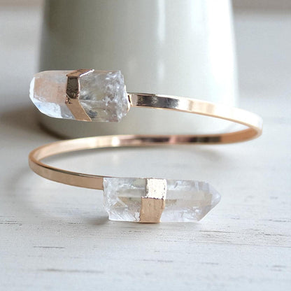 Raw Quartz Point Cuff Bracelet | Double Crystal Bracelet, Minimalist Adjustable Gemstone Open Cuff