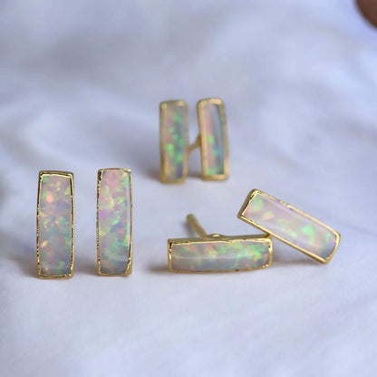 Dainty Opal Bar Stud Earrings | 14k Gold Opal Earrings | October Birthstone Jewelry | Gift for Her, Opal Post Earrings, Opal Stud Earrings