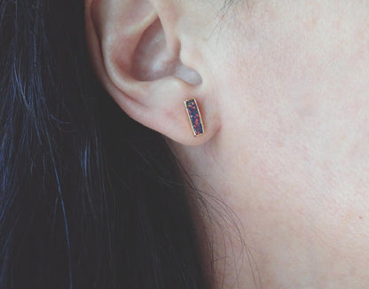 Black Opal Stud Earrings | 14k Gold Opal Bar Earrings | October Birthstone Jewelry, Gift for Her, Opal Post Earrings, Dainty Opal Studs