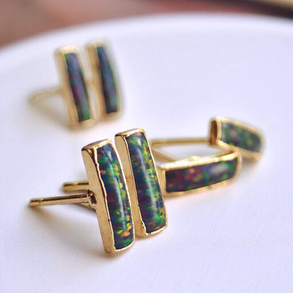 Black Opal Stud Earrings | 14k Gold Opal Bar Earrings | October Birthstone Jewelry, Gift for Her, Opal Post Earrings, Dainty Opal Studs