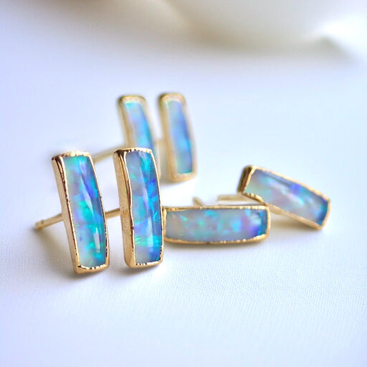 Small Blue Opal Bar Stud Earrings | 14k Gold Opal Earrings | October Birthstone Jewelry | Gift for Her, Opal Post Earrings, Opal Studs Gold