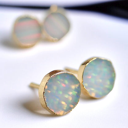 Round White Opal Stud Earrings | 14k Gold Opal Earrings | October Birthstone Jewelry | Gift for Her, Opal Post Earrings, Round Gemstone Earrings