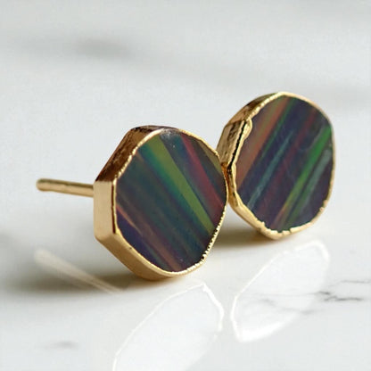 Black Opal Stud Earrings | 14k Gold Opal Earrings, October Birthstone Jewelry, Round Gemstone Earrings