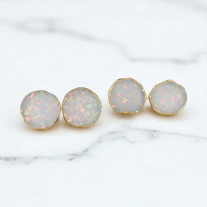 Round White Opal Stud Earrings | 14k Gold Opal Earrings | October Birthstone Jewelry | Gift for Her, Opal Post Earrings, Round Gemstone Earrings