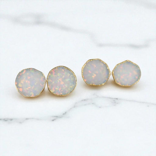 Round White Opal Stud Earrings | 14k Gold Opal Earrings | October Birthstone Jewelry | Gift for Her, Opal Post Earrings, Round Gemstone Earrings