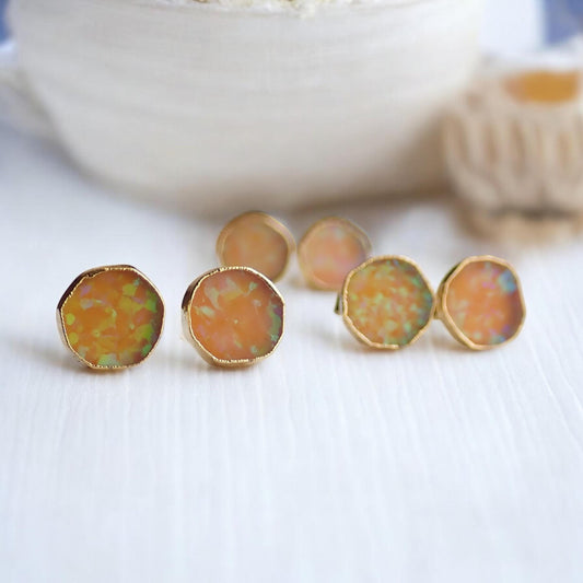 Orange Fire Opal Stud Earrings | 14k Gold Opal Earrings | October Birthstone Jewelry | Gift for Her, Opal Post Earrings, Round Gemstone Earrings