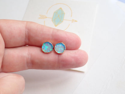Blue Opal Stud Earrings | October Birthstone Jewelry | 14k Gold Opal Earrings | Opal Post Earrings, Round Gemstone Earrings, Gift for Her