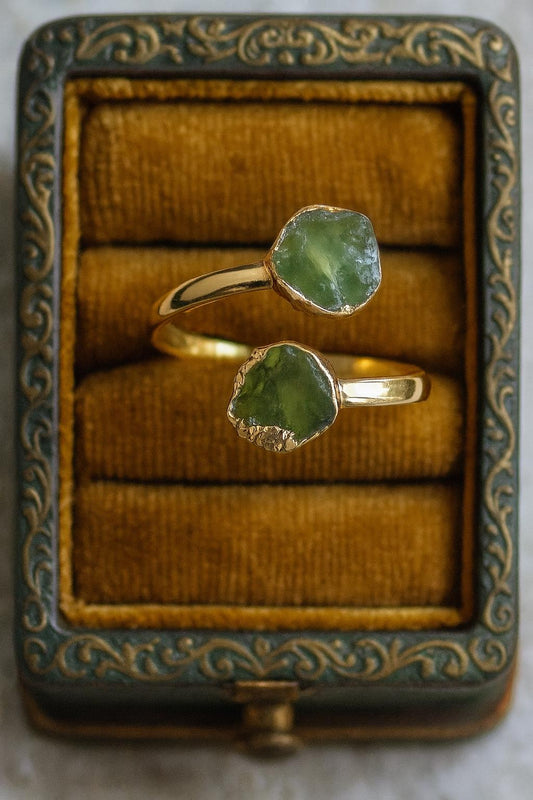 Raw Peridot Adjustable Ring – 14k Gold Open Wrap Ring with Two Natural Green Gemstones – August Birthstone Jewelry,Peridot Ring,Gift for Her