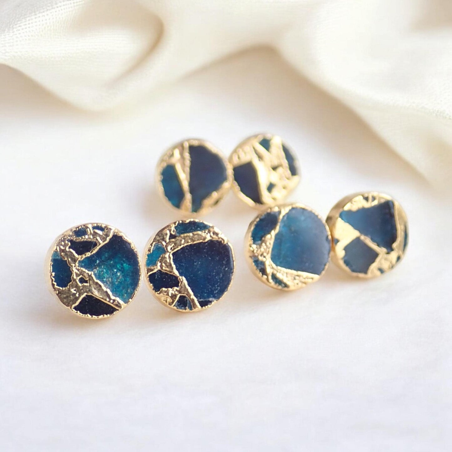 Deep Ocean Blue Mojave Turquoise Stud Earrings | Kintsugi Style Gemstone Earrings- Minimalist Boho Post Earrings -  Round Gemstone Studs