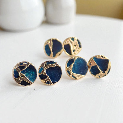Deep Ocean Blue Mojave Turquoise Stud Earrings Silver  | Kintsugi Style Round Gemstone Studs
